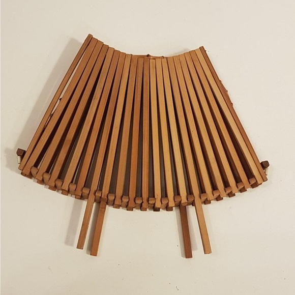 Mid Century Teak Folding Basket/ Fruit Bowl With Bamboo Handle MCM - Picture 4 of 8